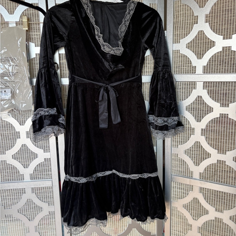 Girls Halloween Costume Black Velvet Dress with Gray Lace - Picture 15 of 16